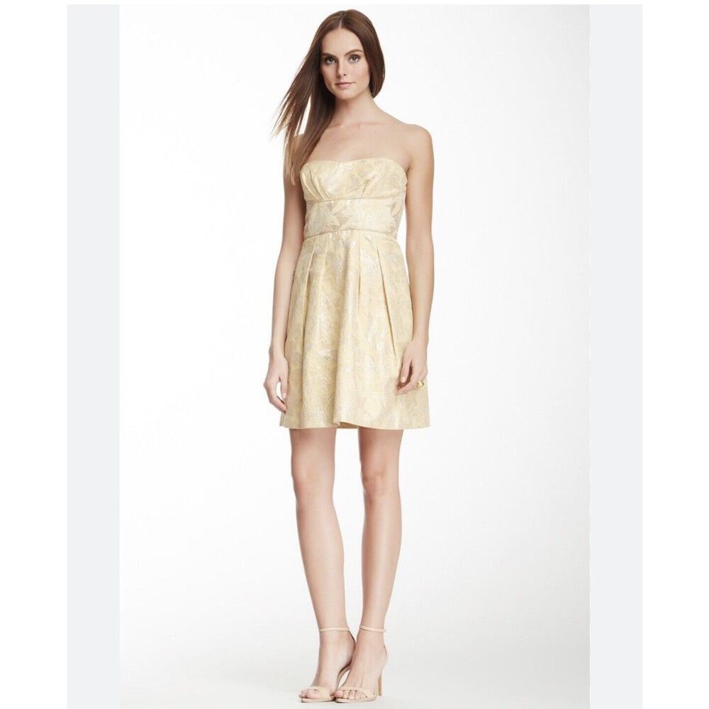BCBG MAXAZRIA‎ Metallic Gold Bamboo Floral Jacquard MABEL Pleated Party Dress 4